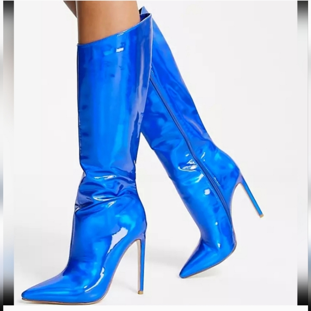Azalea Wang Nova Stiletto Knee Boots in Metalic Blue 6.5